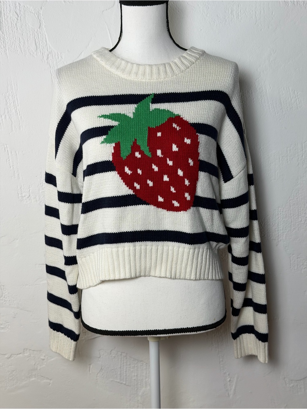 EUC Freshman 1996 Stripped Crewneck Sweater with Strawberry - White/Navy/Red M